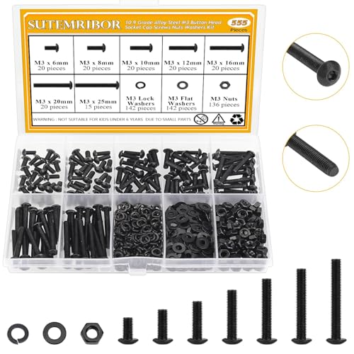 555 Pieces M3 Screws Nuts Washers Set Black, Sutemribor M3 x 6/8/10/12/16/20/25mm Button Head Socket Cap Screws Nuts Washers Assortment Kit, 10.9 Grade Alloy Steel, Fully Threaded - size: M3 x 6-25mm, style: Button Head