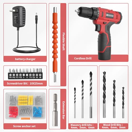 Fadakwalt Cordless Drill Set, 20V Electric Power Drill with Battery And Charger - color: 12v Drill (Red)