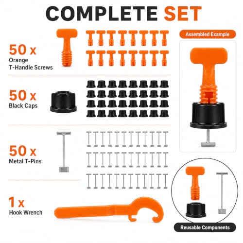50 Sets Reusable Tile Leveling System Kit with Wrench, 1/16 Inch Tile Spacers and Leveling Clips, Anti Lippage Tile Leveler Tool for Floor Wall Installation, Ceramic Porcelain Tiles