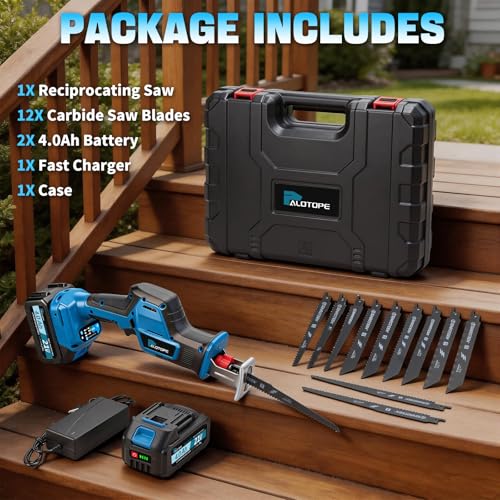 Cordless Reciprocating Saw,Electric Saw with 2 X 4.0Ah Batteries, Handheld Brushless Motor Saw Lightweight with Variable Speed 0-3500 SPM,12 Blades,Cordless Saw for Cutting Wood PVC Pipe