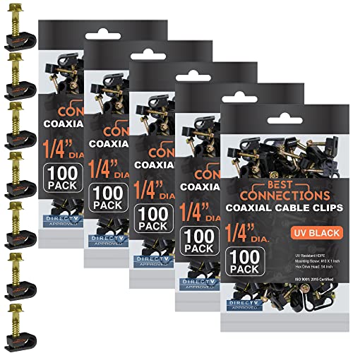 Best Connections Coaxial Cable Clips with Pre-Inserted Screw 1/4" inch (500 Pack) – Black Single Mounting Clamps for Coax (RG6, RG59) and Ethernet Cables – Cord Fasteners/Strain Relief Clip - style: 500 PACK