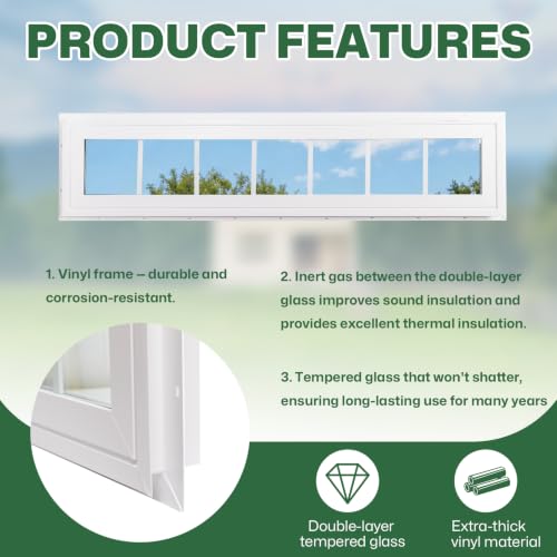 NeatiEase Vinyl Transom Window, 10" x 48" Fixed Glass Household Windows with Grids and Dual-pane Tempered Glass for House, Shed, Doors, Garage, Chicken Coop, Basement (White) - size: 10"x48"