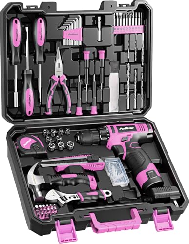 PULITUO Drill Set, 149-Piece Home Tool Set with 12V Pink Cordless Drill, Tool Box, Hand Tool Kits for Women & Men and DIY Enthusiasts, for Home Improvement - style: 12V Set（Pink）