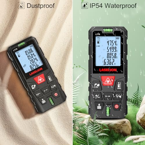 LT70 Laser Measure, 229ft/70m Laser Measurement Tool, with 2 Bubble Levels, Measuring Tool 4 Units Conversion、LCD Backlit Display, IP54 Waterproof, Pythagorean Mode for Distance, Area, Volume - size: 229ft