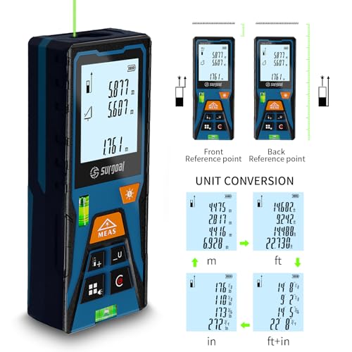 Laser Distance Measure Backlit LCD with Bubble Levels Enhanced-Bright 393FT - color: Green 393FT