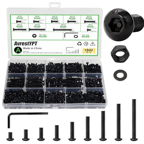 1002Pcs M3 Metric Hex Button Head Fastener Kit, Screws, Nuts & Flat Washers - size: M3x4/6/8/10/14/16/18/20/25-1002Pcs