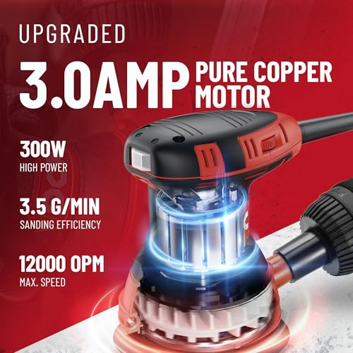 DCK Random Orbital Sander, 3.0 AMP Corded Palm Sander, 6 Speeds Max 12,000 OPM, 5-Inch with 10 pcs Sandpapers, Dust Bag, Low Vibration for Woodworking, Decoration Furniture (KSA125)