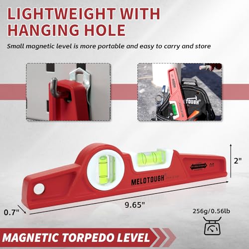 MELOTOUGH 10 Inch Die-Cast Magnetic Torpedo Level,Magnetic Level for Carpenter,Construction,Scaffolding, Plumbing Torpedo Level with Rare Earth Magnet,Pencil and Holster,Red,2PCS - color: Red-2pcs