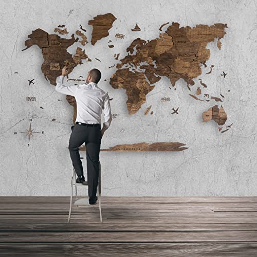 AWESOMETIK WALNUT 3D World Wood Map | 3D Wood Map of the World Easy Installation with Double Sided Tape Includes Add Ons Premium Durable Plywood Ideal for Home and Office Decor M, L, XL