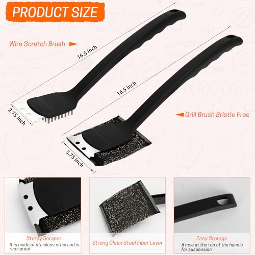Grill Brush with Scraper Set 2 PCS Stainless Steel Wire Brush with Spatula and Bristle Free Steam Cleaner for BBQ Grill Cleaning Barbeque Grill Brushes - size: 16 inch (2-Pack)