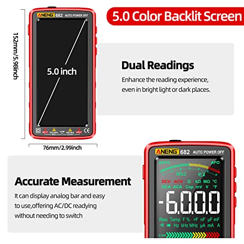 ANENG Multimeter Tester,5.0 Inch Color LCD,TRMS 6000 Count NCV Voltmeter - style: 682 Backlit Color Screen