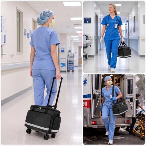 Medical Bag Rolling Roller Bag Trolley Duffel Nurses EMT CNA RN Empty for First Aid Responder Home Health Care Nursing Student Roll Duffle Bag Carry on Wheels Wheeled Work Physicians Doctor - color: Black