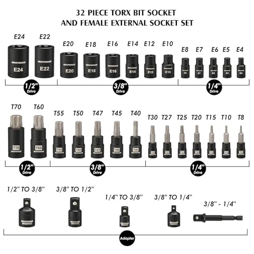 MIXPOWER 32PCS Torx Bit Socket Set, 14 Star Bits (T8-T70)& 13 E-Torx Sockets (E4-E24), CR-V & S2 Alloy Steel - size: T8-T70,E4-E24(32PCS)