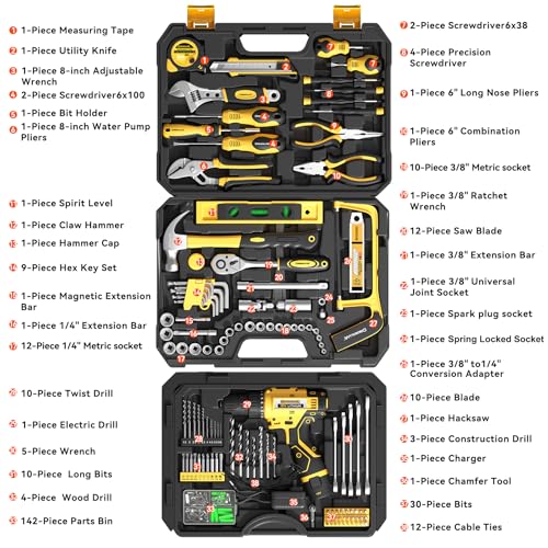 Tool Kit Box Drill Set with 12V Power Cordless Drill 299-Piece Tool Kit for Home Tool Set Storage Case with Drawer General Household Drill Set for Home Mechanics Repairs Men & Women, DIY