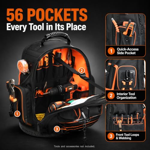 LOKASS Tool Backpack Heavy Duty, 18.5 in, 56 Pockets, Molded Bottom, Black - color: Black