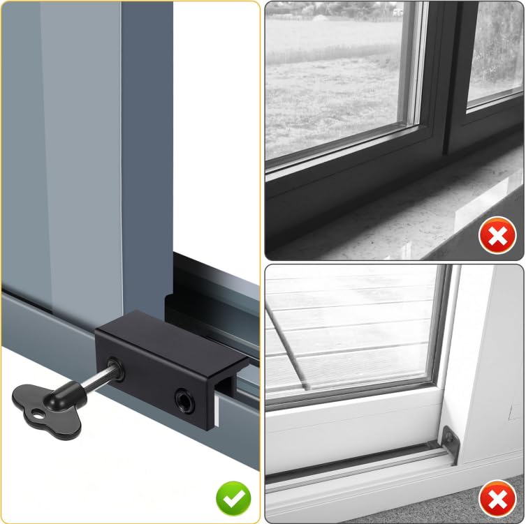 Window Locks,4 Pcs Sliding Window Locks with Key for Vertical & Horizontal Sliding Windows Doors Adjustable Aluminum Stoppers, No-Drill Easv to Install for Patio Bedroom Home and Office