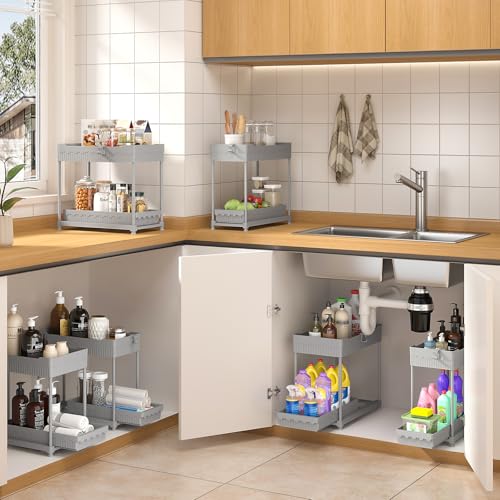 Sevenblue 3-Pack 2-Tier Under Sink Organizers with Sliding Drawers - color: Gray, size: 12.8 Inch