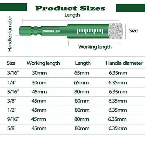 10PCS Green Dry Diamond Drill Bits Set, Tile Drill bit for Granite Marble Tile Ceramic Stone Glass Diamond Hole Saw Kit with Size 3/16,1/4, 5/16, 3/8, 1/2