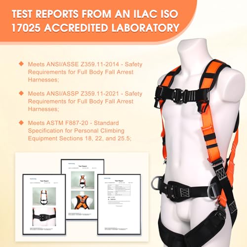 Fall Protection Premium Safety Harness with Shock Absorbing Lanyard, Vented & Padded Shoulder, Legs & Back - Upgrade 4 Quick Buckles (Orange) - color: Orange