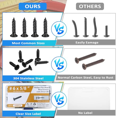 100PCS #6 x 5/8" Black Wood Screws, Flat Head Stainless Steel Sheet Metal Screws, Fast Self Tapping Screws for Deck Drywall Concrete Screws with Screwdriver Bit - style: Black #6X5/8" Flat Head 100PCS