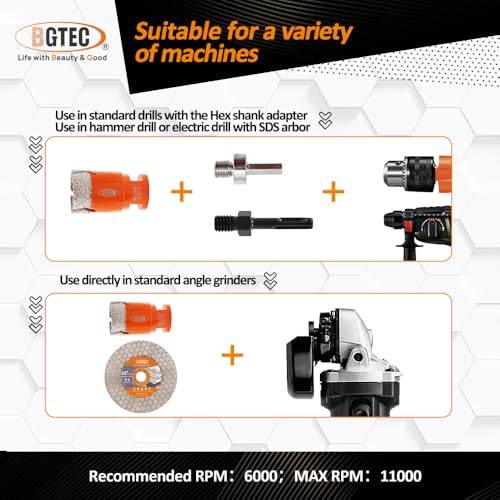 BGTEC Diamond Core Drill Bit 12PCS, Tile Hole Saw Kit 1/4" - 2-1/2" - size: 12 pcs - 6/6/8/19/35/50/65mm & 115mm Blade, style: Flash Toothed
