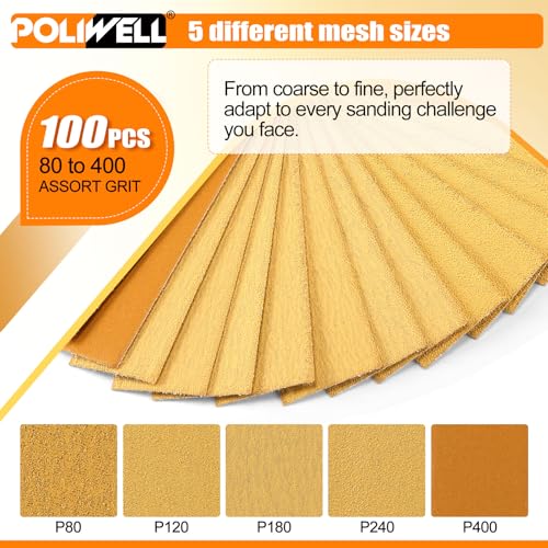 POLIWELL 100 Pcs Hand Sander Kit, 3.5” x 1” Mini Micro Sander for Small Projects, Detail Finger Sanding Block Tools, 80 120 180 240 400 Grit Wet Dry Sandpaper Sheets for DIY Crafts Wood Plastic - style: 100 Pcs