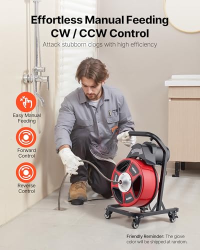 VEVOR Drain Cleaner Machine 50 FT x 1/2 Inch Manual Feed Sewer Snake Auger - style: 50 FT x 1/2'' with Wheels