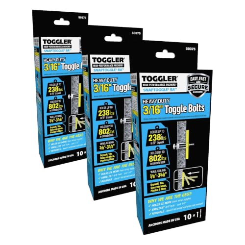 TOGGLER SNAPTOGGLE BA Toggle Anchor with Bolts, Zinc-Plated Steel Channel, Made in US, 3/8" to 3-5/8" Grip Range, for 3/16"-24 UNC Fastener Size (Pack of 30) - size: 3/16 w/ Round Head Bolts (Pack of 3)