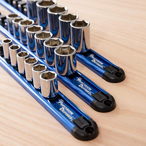 Precision Defined Aluminum Tool Socket Holder 3-Piece Set | Blue, 1/4-Inch x 16 Clips, 3/8-Inch x 16 Clips, 1/2-Inch x 14 Clips | 360 Rotation - Heavy Duty Socket Rails Organizer, Socket Storage - color: Blue