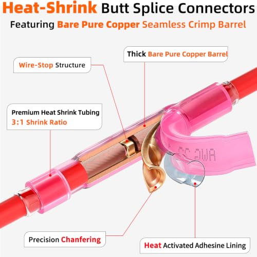 100pcs 22-16 Gauge Heat Shrink Butt Connectors 22-16 AWG Heat Shrink Butt Splice Marine Grade Insulated Waterproof Electrical Crimp Wire Connectors,Pure Copper Butt Splice for 22-16 Gauge Wire - size: 22-16 AWG