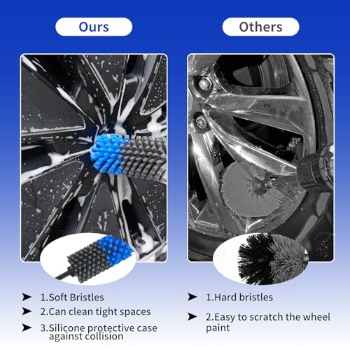 Wheel Brush, Soft Drill Wheel Cleaner Brush, Drill Brush for Car Wheel, No Scratches Highly Dense and Durable Car Wheel Brush Rim Tire Car Cleaning Brush for Wheels, Rims, Engines, Exhaust - color: Blue+grey