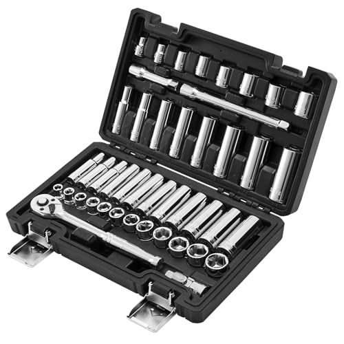 VEVOR Socket Set, 44 Pieces, 3/8 inch Drive Socket and Ratchet Set, SAE and Metric, Deep and Shallow, Mechanic Tool Kit with Accessories and Storage Case, CR-V Alloy Steel, for Automotive Repair - size: 44-PCS