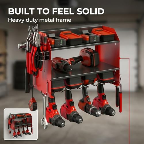 Heavy Duty Power Tool Organizer – 4 Drill Holders, Pegboard, Side Racks – Garage Storage Rack for DIYers – Metal Power Tool Shelf, Easy Install – Red