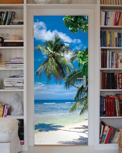 FLFK Door Mural Sticker - Beach Palms,Peel and Stick,Combined Size 32"x80",Split into 2 Pieces - color: Mt5466, size: 32"x80"