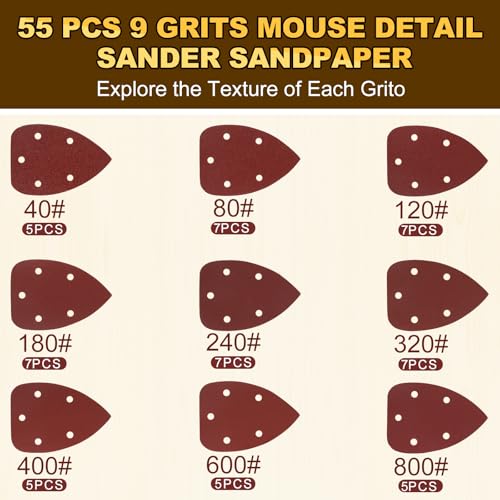 55Pcs Mouse Detail Sander Sandpaper, 9 Grits Triangle Sanding Pads