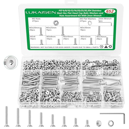 652 Pcs M3 Flat Head Screws Nuts Washers Wrench Kit, 304 SS - size: SS M3 652pcs 1