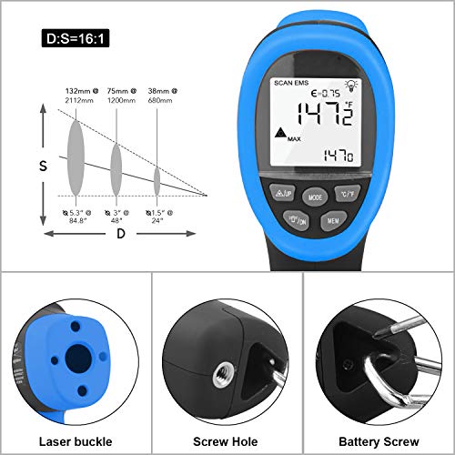 BTMETER BT-985B Laser Temp Gun Pyrometer, -58~2480℉(-50~1360℃) High Temperature Meter, 16:1 Distance Spot Ratio Industrial Infrared Thermometer Tester for Furnace, Smelting (NOT for Human Temp) - color: BT-985B(-58 ℉ to 2480 ℉)