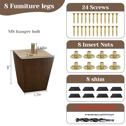 Sofa Legs Square Bed Feet 3 inch Wood Replacement Leg for Furniture Set of 8, Dark Brown… - color: 8sets, size: 3inch