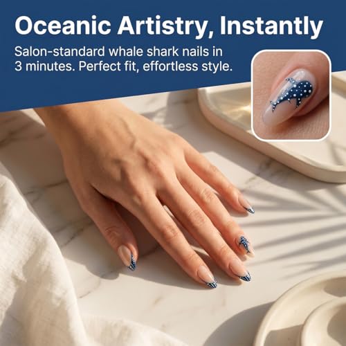 Summer Press On Nails Short Almond Nude with French Tip Blue Whale Shark - color: Style24