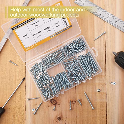 JEGONFRI 209PCS Wood Screw Assortment Kit, 6 Sizes Flat Head Phillips