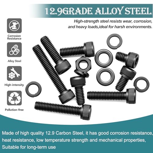 mxuteuk 204PCS M6 Screws,M6x8/10/12/16/20/25/30/35mm Hex Socket Head Cap Bolts with Nuts & Washers,12.9 Grade Alloy Steel Black Zinc Screws Assortment Kit for 3D Printing,DIY - size: 204PCS-M6