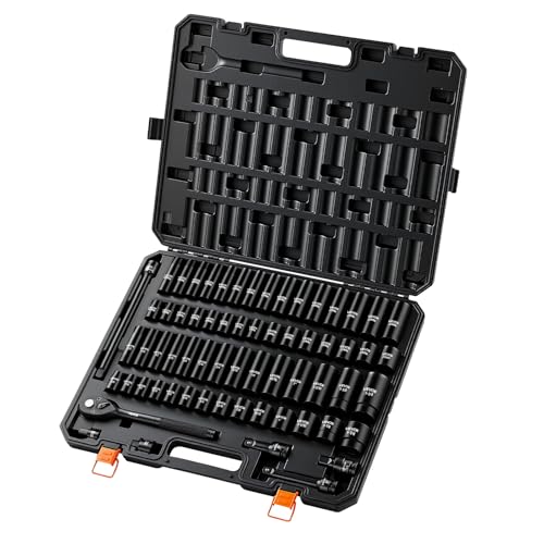 VEVOR 65-Piece 1/2" Drive Impact Socket Set, SAE (3/8" to 1-1/4") & Metric (10 to 24 mm), CR-V, Deep & Shallow, 6 Point, Ratchet Handle, Universal Joint, Adapters, Extension Bars (3, 5, 10 in) - size: 1/2" 65PCS