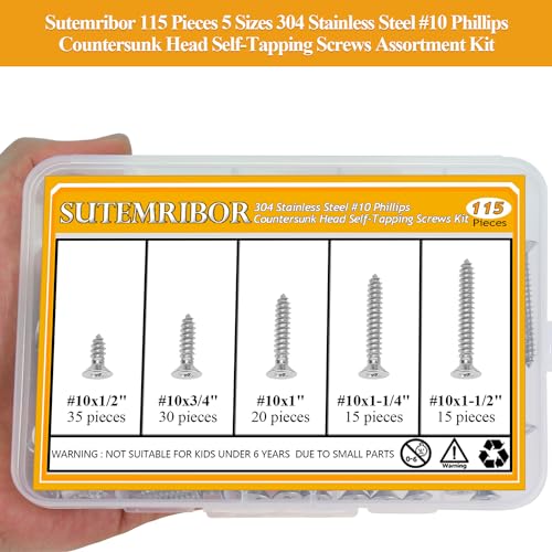 115 Pieces #10 x 1/2" 3/4" 1" 1-1/4" 1-1/2" Wood Screws Set, Phillips Countersunk Head #10 Self-Tapping Screws Assortment Kit, 304 Stainless Steel - size: #10, style: Phillips Countersunk Head