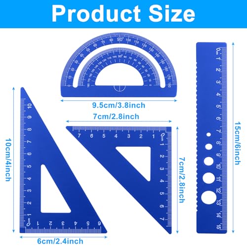 4 Pcs Triangular Ruler Set, Aluminum Alloy Geometry Tools, Metal Drafting Ruler for Students, Draftsmen, Engineers, School Office Supplies with Protractor & Metric Scales (Blue) - color: Blue
