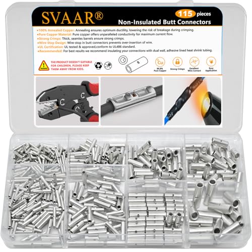 SVAAR 115 PCS 26-8 AWG Non-Insulated Butt Connectors Crimp Repair Butt Splices Kit, Uninsulated Butt Splice Connectors for 26 to 8 Gauge Wire, Marine Grade Tinned Copper Seamless Barrel Butt Terminals - color: Non-Insulated Splice - Tinned Copper