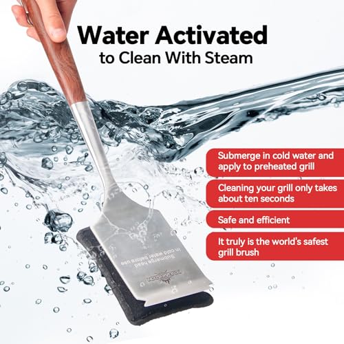Bristle-Free Steam Cleaning Grill Brush Kit – Luxurious Long Rosewood Handle, Includes 1 Replacement Head – Safe BBQ Grill Cleaning for Outdoor Grill – Great Gift for Men/Dad - color: Steel Fibers Steam Brush