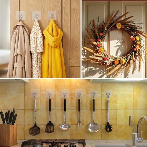 Latoxcaa Large Adhesive Hooks 30-Pack, Heavy Duty 44lb(Max) Wall Hooks for Bathroom, Outdoor, Strong Self-Adhesive Towel & Coat Hooks, Waterproof Transparent Utility Hooks for Home Improvement - size: 30-Large Hooks