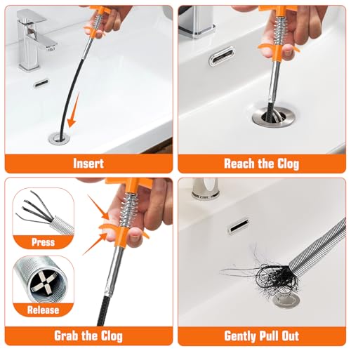 New Upgrade 35 inch Drain Snake Hair Drain Clog Remover Tool - Sink Drain Cleaner for Toilet Sewer Shower Kitchen Bathroom Tub Clogged Drains Opener Cleaning Tool, Flexible Grabber Claw Pick Up Tool