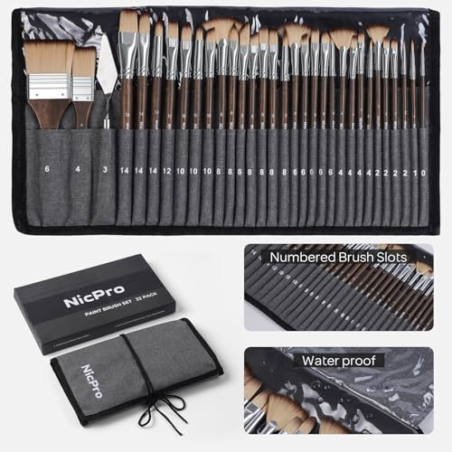Nicpro 32pcs Paint Brush Set, Professional Paintbrushes with Paint Spatula and Cloth Roll Case, Craft Paint Brushes for Acrylic Painting, Oil, Watercolor, Gouache, Art Supplies for Artists Beginners - color: Brown