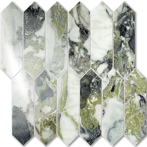 Vamos Tile Glossy Ice Green Backsplash Tile Peel and Stick, 12.8 x 12.8 Inch 10 Sheets Long Hexagon PVC Self Adhesive Mosaic Wall Tiles Stick on Backsplash for Kitchen Bathroom and Fireplace - color: Glossy Ice Green